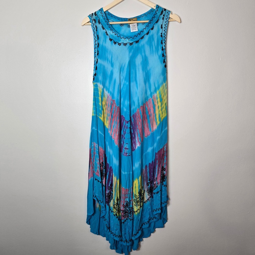 In Gear‎ Blue Tie Dye Handkerchief Hem Embroidered Boho Dress OS 109R503